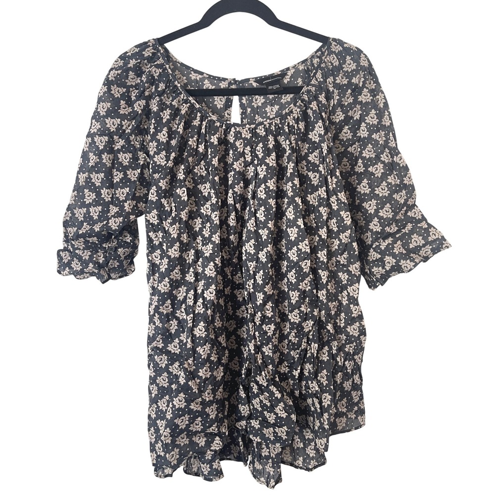 Moda International Grey Floral Cotton Short Sleeved Flowy Blouse Top M
